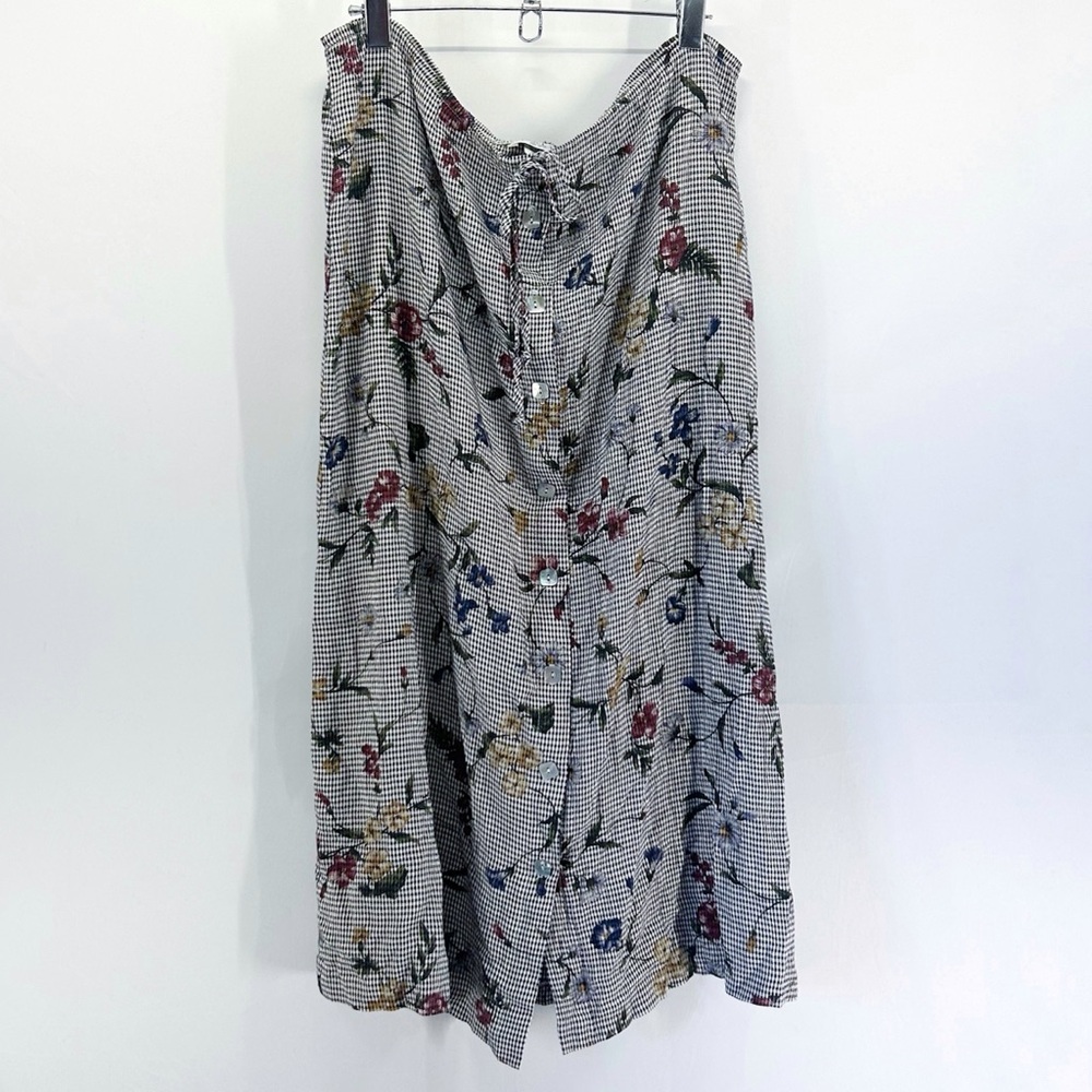 Vintage 90s Teddi Floral Gingham Check Button Up Midi Skirt Cottagecore Coquette